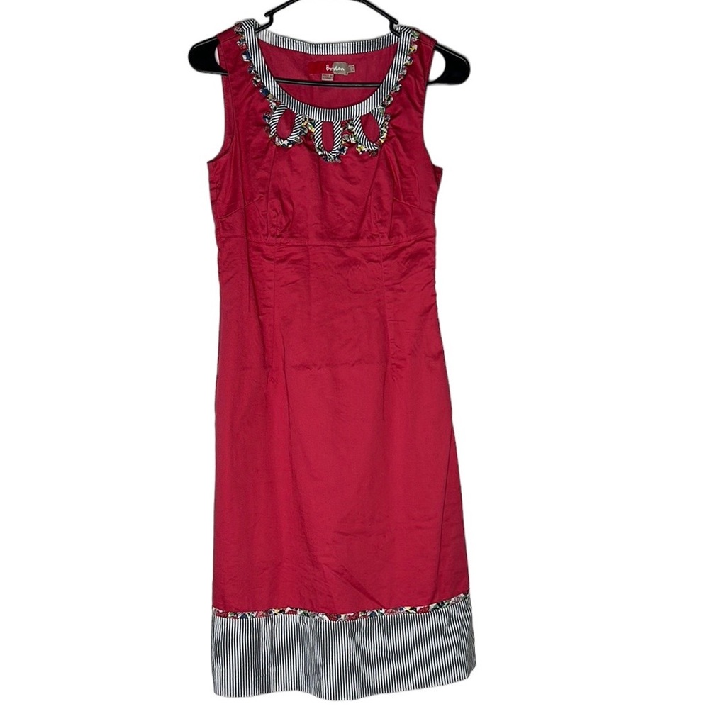 Boden Sleeveless Red Mini Dress with Striped Trim